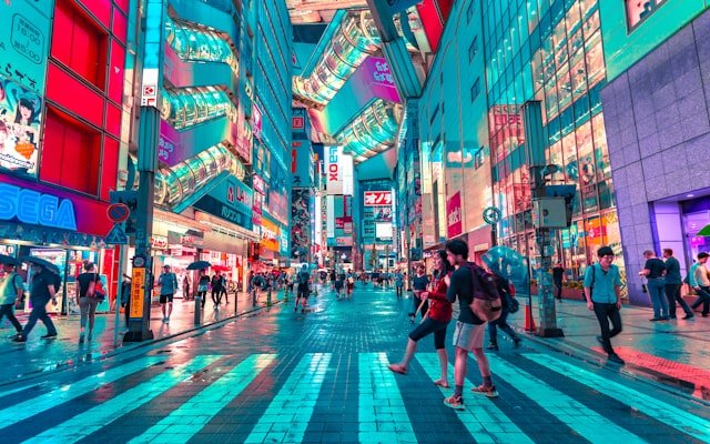 Tokyo city lights and neon signs at night, Akihabara district